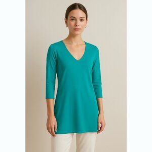 Judy P Women’s Small Teal Microfiber Tunic Top 3/4 Sleeve Quiet Luxury Resort